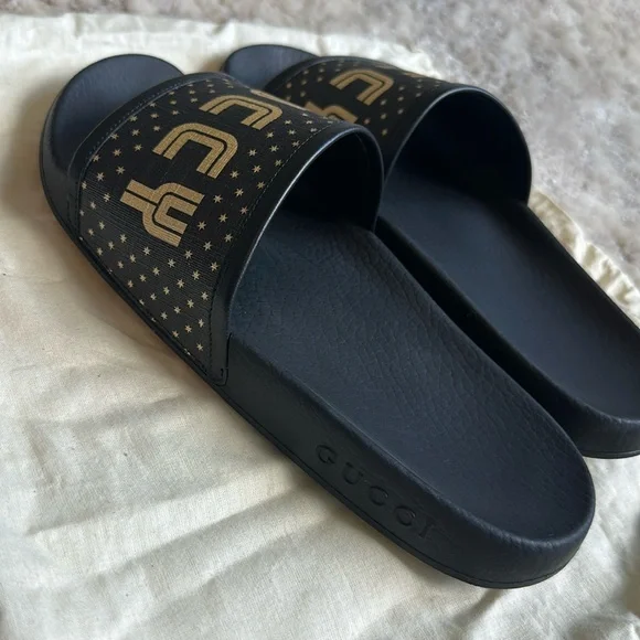 Gucci Black and Gold Slides Mens size 6 Gucci Black Quilted Leather GG Marmont Espadrille Slides  main image 2